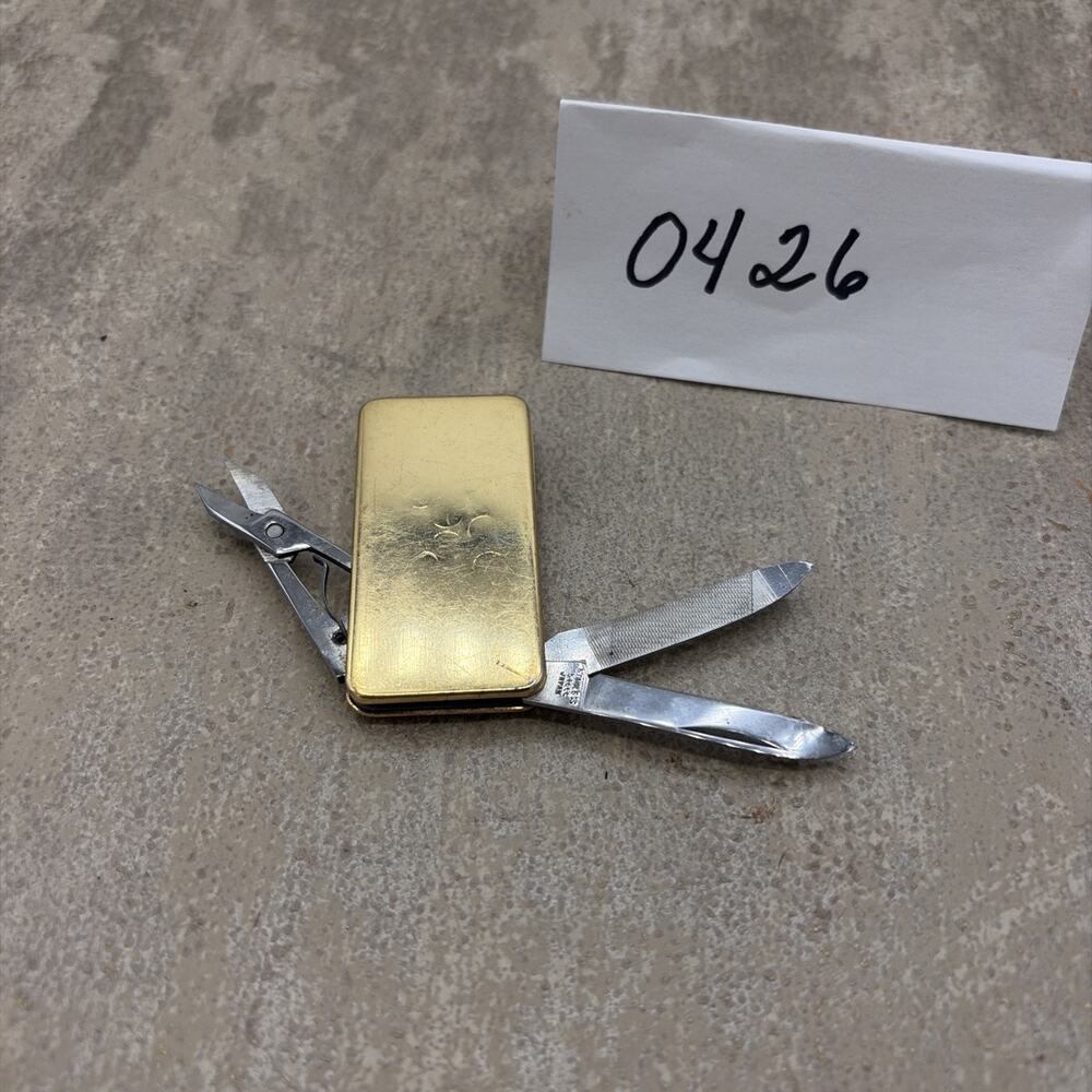 Money Clip Multi Tool Knife Scissors File Gold Tone Gentleman Pocket Tool
